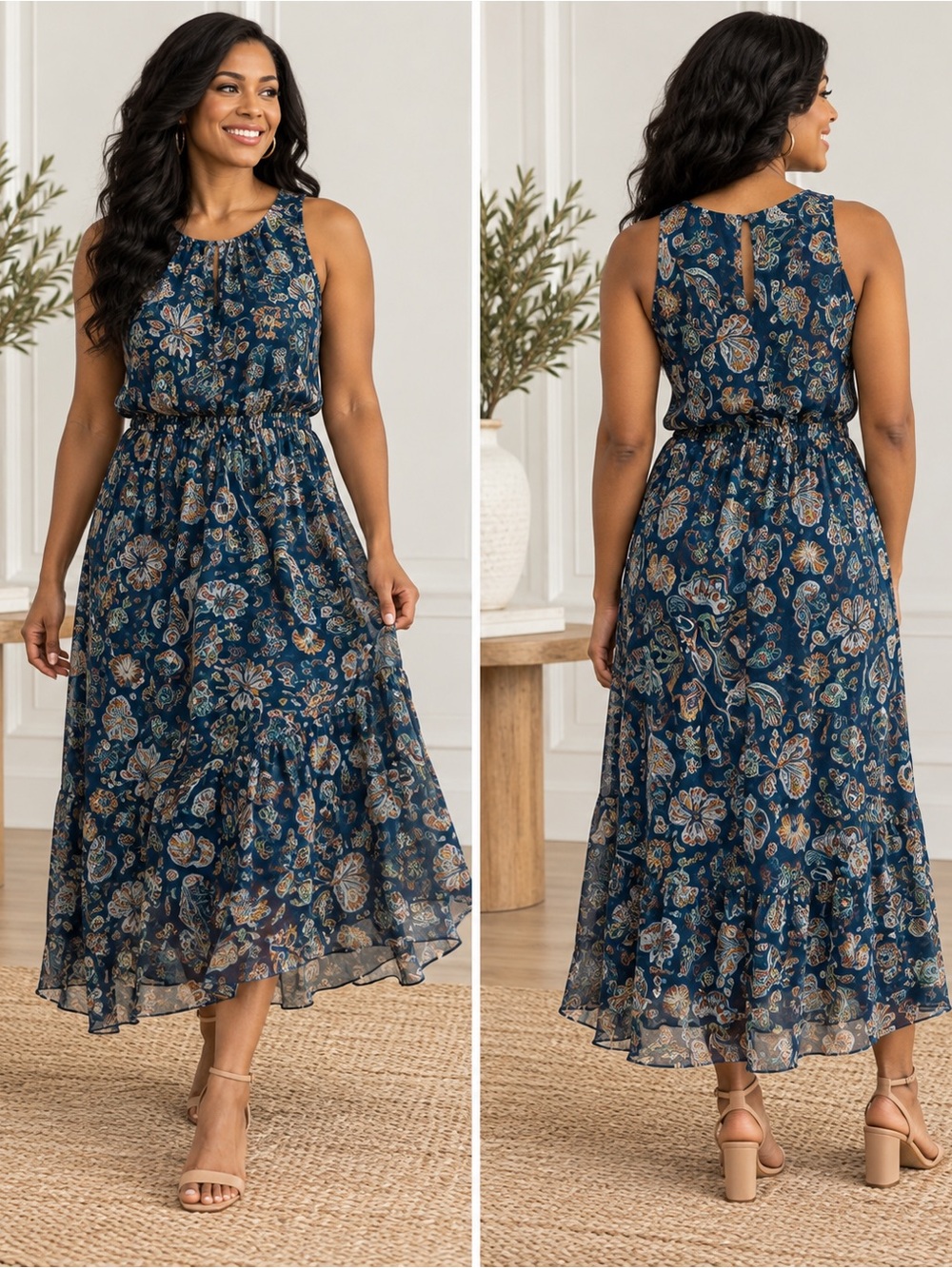 Lara G blue floral denim sleeveless silk blend dress size L